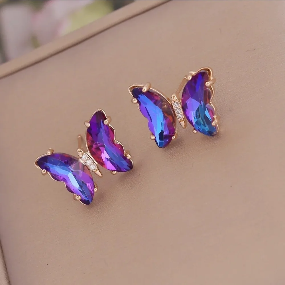 SEE NEW LISTING Purple Rhinestone Butterfly Earring Studs Gold Tone Setting - Picture 1 of 10